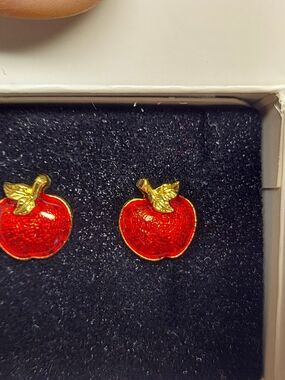 Vintage Avon Gold-Tone Red Apple Enamel Stud Earrings